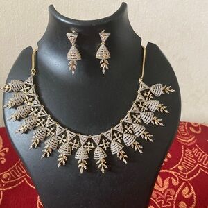 Elegant Golden Necklace and Earring Set Studded with Cubic Zirconia